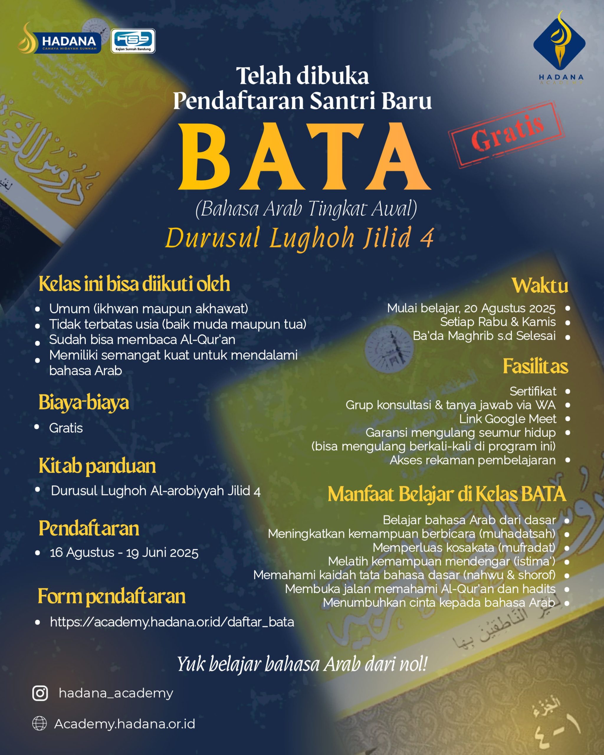Pendaftaran Kelas BATA Durusul Lughah Jilid 4 telah dibuka!